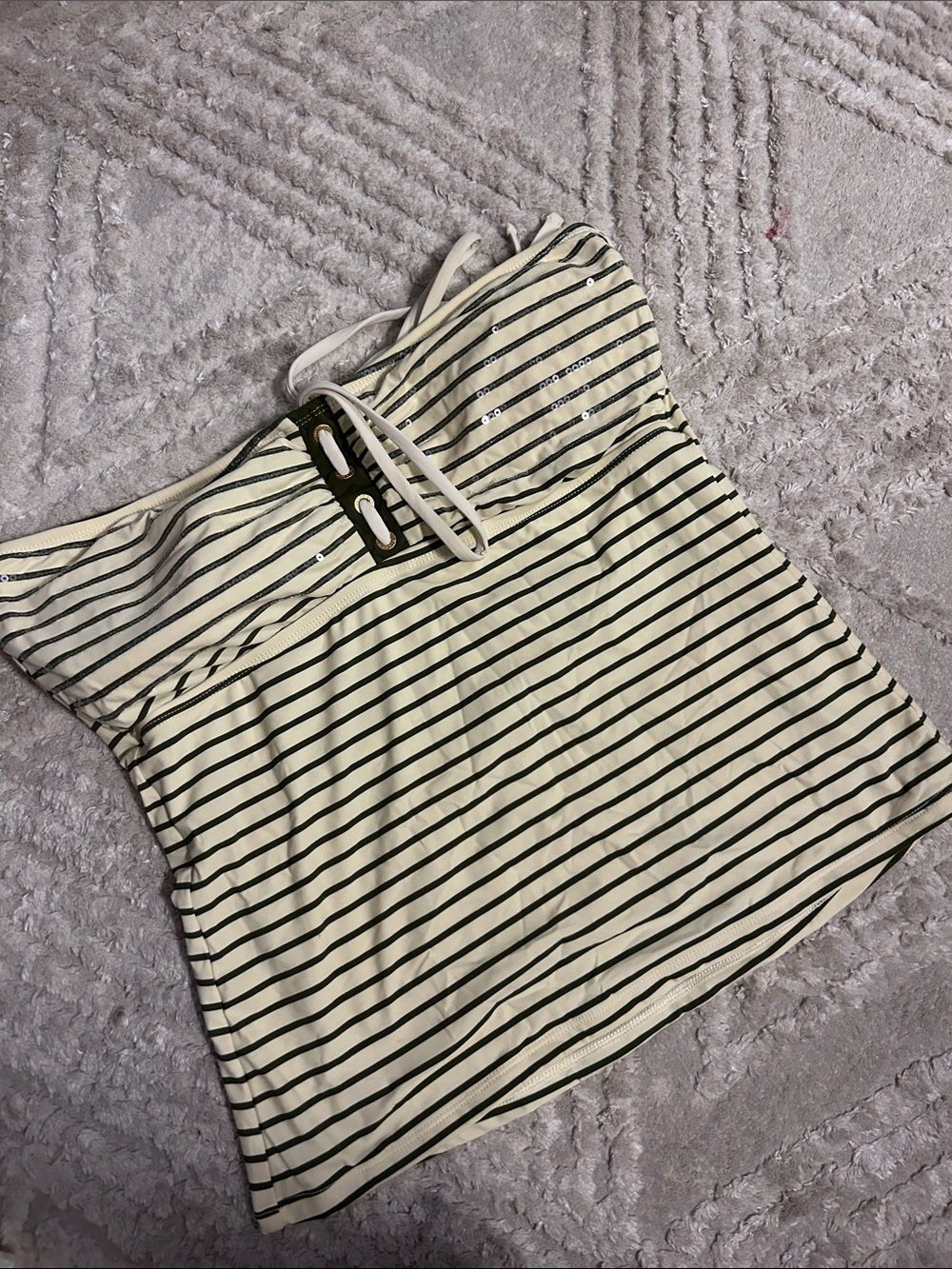 Sperry Cream and Black Striped swim top with Front Tie sequins stripes